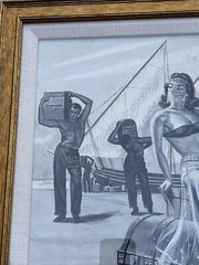 Antique Illustration Painting Boat Workers Gorgeous Women Pinup mid century