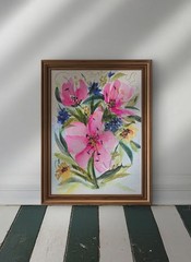 Original Signed Watercolor Painting. Floral. Roses. Pink. Wall art. Bouquet.