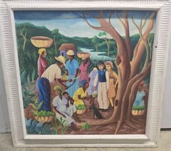 HAITIAN ART PAINTING PIERRE AUGUSTIN LISTED ARTIST FOLK ART VILLAGE SCENE