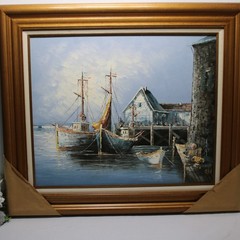 Vintage Framed Impressionism Oil Painting Signed Reynolds Sailboats At Dock 32″W
