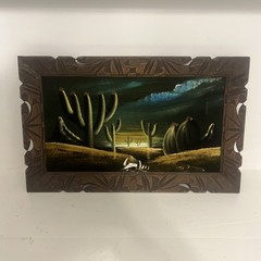 Black Velvet Desert Sunset Cactus Hand Painted Carved Wood Framed Retro MCM 1970