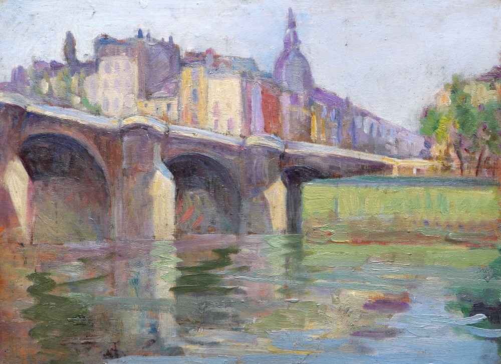 French Oil Painting Paris Landscape Edge Seine PONT NEUF Oil Panel Post