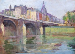 French Oil Painting Paris Landscape Edge Seine PONT NEUF Oil Panel Post