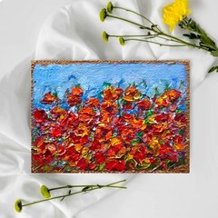 ACEO Original Oil Painting Poppies Blooming Canvas Impasto 2.5×3.5in Signed OS