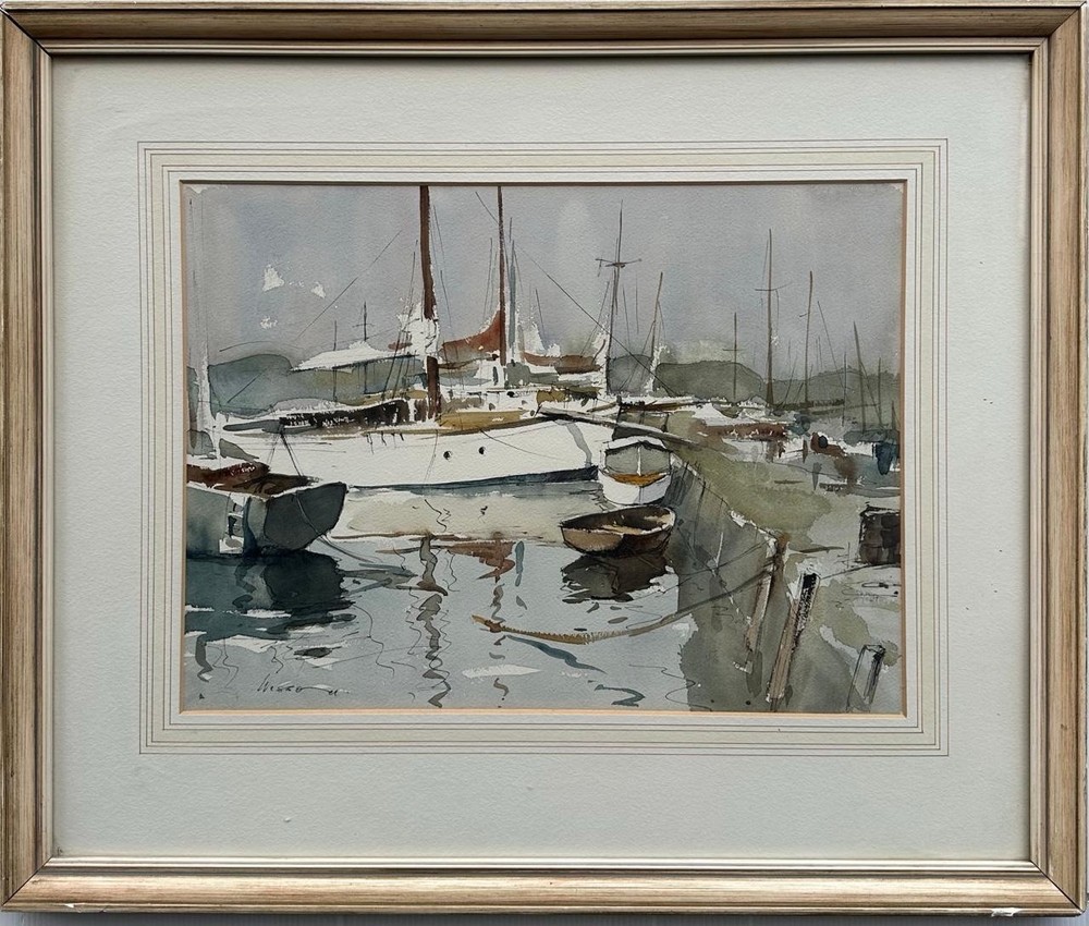 Edward Wesson (1910-1983) : Sailboats In Harbour , Watercolor, Signed