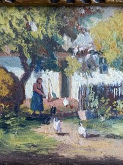 Joseph Harencz ATQ VTG Miniature Impressionism Chicken Genre Landscape Painting