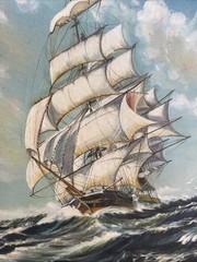 Large Vintage Oil Painting Sailing Ship in Rough Seas Signed Nautical