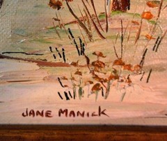 Vtg PAINTING DEER FAWN Landscape Signed Jane MANICK MINNESOTA MIDWEST ART Cabin