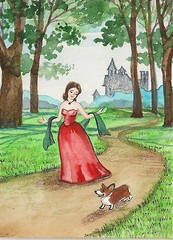 ACEO RYTA ART PEMBROKE WELSH CORGI PRINCESS CASTLE FAIRY STORY PRINT OF PAINTING