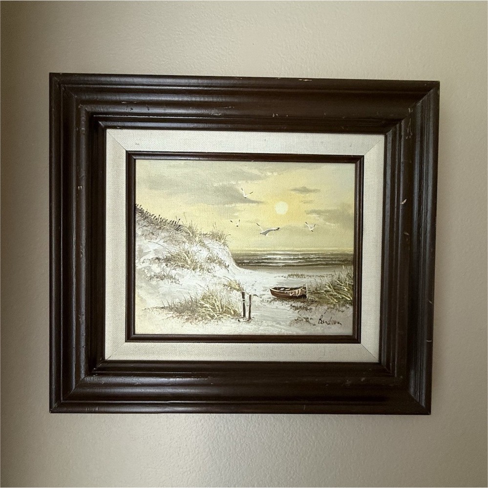 Original Framed Oil Painting Seascape Beach Boat Birds Sunset 16.75×14.5 in