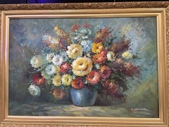 T. Denver Signed Floral Oil Painting Flowers In Vase 43 x 30 Gold tone Frame