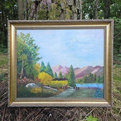 Framed Mountain Lake Oil Painting Impressionist Landscape Cabin Artwork