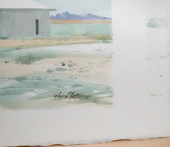 RICHARD P. SETH „WHITE BARN“ SMALL ORIGINAL WATERCOLOR LANDSCAPE PAINTING 1989