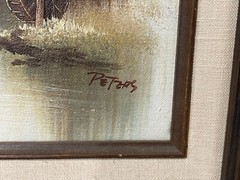 Vintage Signed Peters Oil on Canvas Painting Country Home w/ Water Wheel