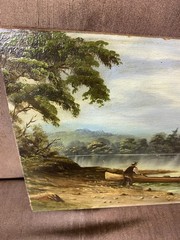 Antique Landscape Oil Painting Men In Canoe Lake Signed L Carter