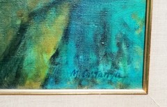 1970s MARY CONSTANZA OIL PAINTING SIGNED MOTHER AND CHILD 20th CENTURY GREEN ART