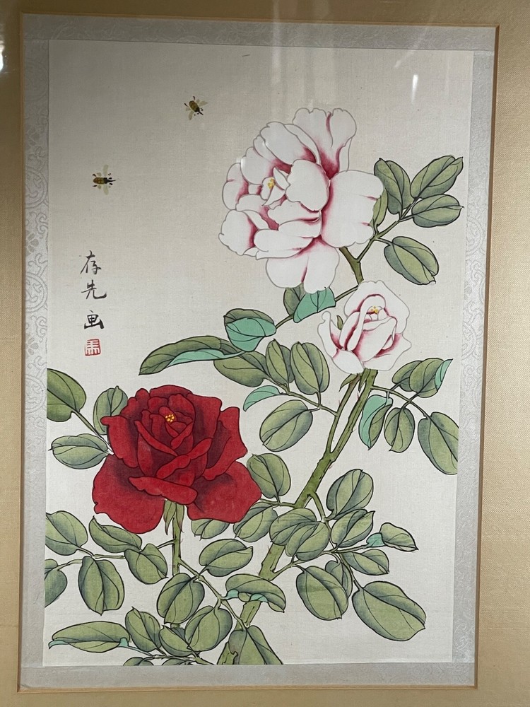 Vintage Asian Framed Painting Signed Pen Red & White Rose Flower Matte Gold 4291
