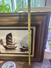 Vintage P. Wong Signed Sail Boats Oil Canvas Painting Hand Carved Frame