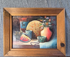 RARE Charles Benoit Southwest Oil Painting Native Pottery Basket Flowers Read*