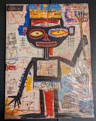 Abstract Neo-Expressionist Canvas Painting Crowned Figure Staff Medium Art