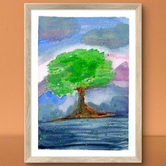 A Lone Tree Colorful Abstract Impressionist Original Watercolor 5×7 Signed