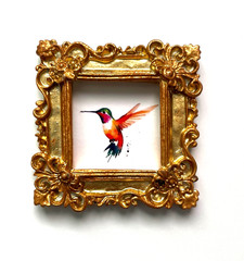 Hummingbird Framed Tiny Bird Miniature Mini ART PRINT Gold Ornate Frame NOT ACEO