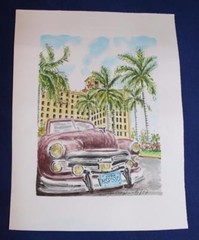 Cuban Artist Eugenio Santos Escudero, Latin American, Watercolor Art, Automobile