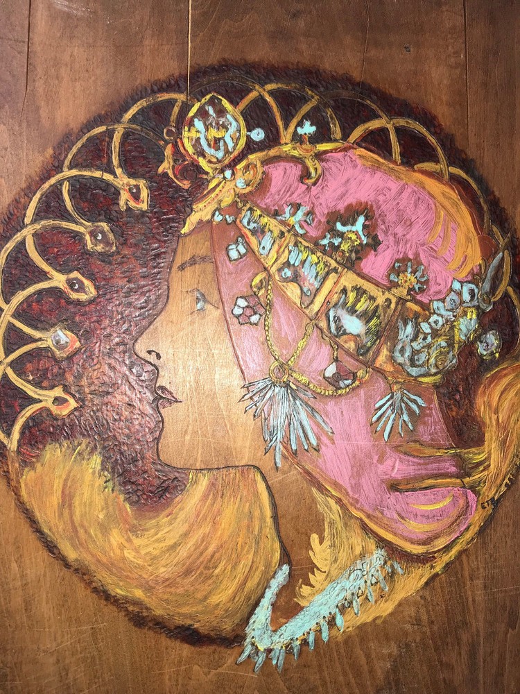 LARGE vintage PYROGRAPHY Woman portrait Mums Flemish Art Oil painting antique
