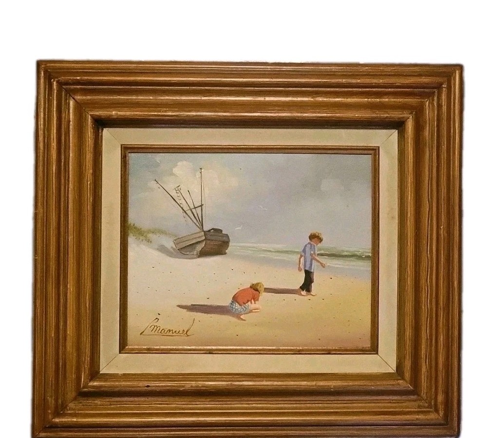 Original C. Manuel Oil Painting Children Beach Shipwreck Framed 17″×15″