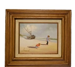 Original C. Manuel Oil Painting Children Beach Shipwreck Framed 17″×15″