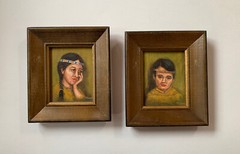Native American Portrait Painting Pair Children Vintage Boy And Girl By M. Brown