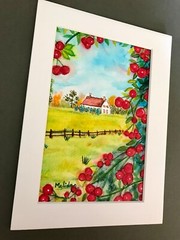 Country Landscape Painting Original Watercolor Cherries Painting Country Art