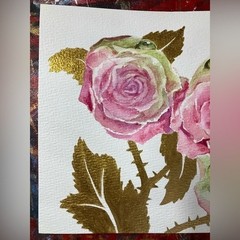 Original Pink Roses painting Watercolor Valentine Art Gold Leaves Artettina USA
