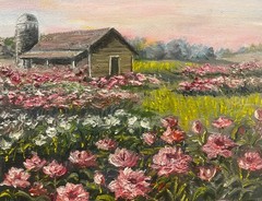 PEONY FARM Original Oil Floral Landscape Painting BARN SILO Scenery Wall Art