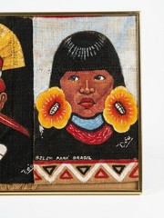 3 Brazilian Folk Art: Burlap Indigenous Portraits (2) & Mendes Pyrography(1)