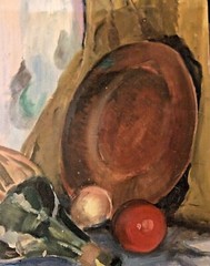 Vintage Oil Painting Wine Copper Platter Still Life Rockport Massachusetts