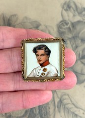 Antique French Miniature Portrait Painting Pin Napoleon II Limoges Porcelain