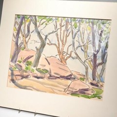 Ben Wolf Jungle Trees Purple Green Brown Colorful Watercolor Painting Signed