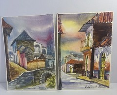 Original Watercolor Paintings On Paper Set 2 Bolivian Street Scenes Signed 10×7