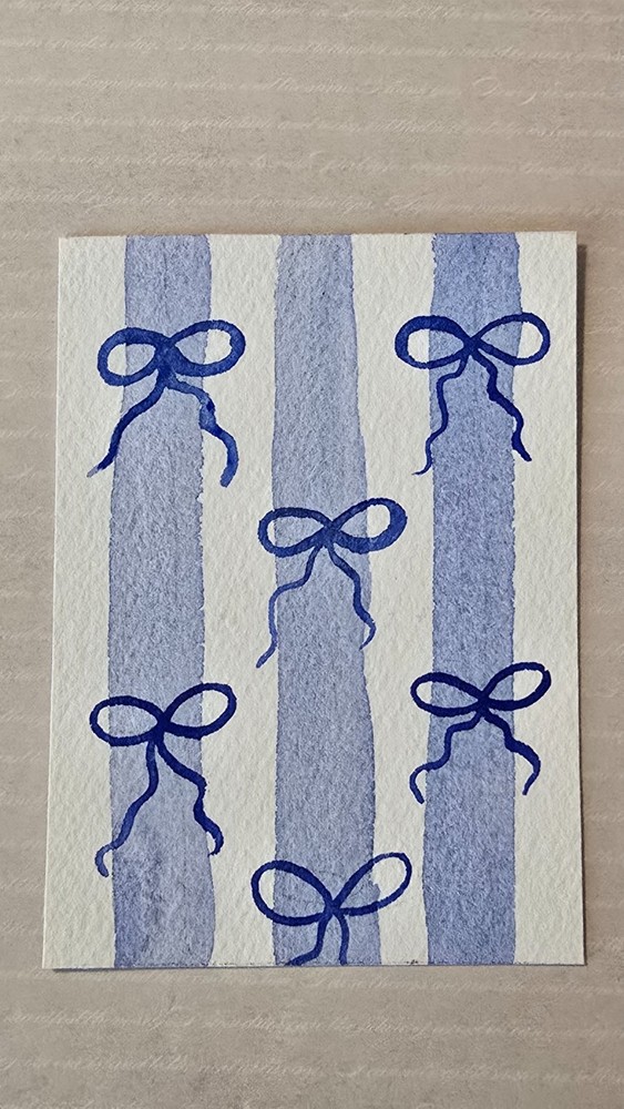„Coquette Blue Bow Pattern“ cute ACEO art card original by Cassandra Lyon