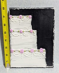 Original Acrylic on Canvas, 6″x 8″, White Cake w/ Pink Roses, Black Background