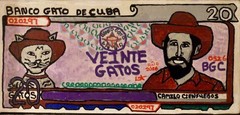Spoof acrylic painting of Cuba 5-peso bank note: Camilo Cienfuegos/Gato NO FRAME