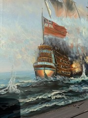 Vintage Nautical Oil Painting Ship Battle Signed J Harvey Maritime Wall Art