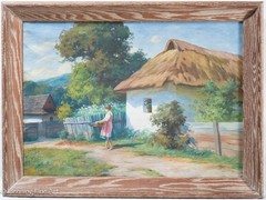 Vintage Tibor Szontagh Oil Painting Hungarian Village with Flower Girl 24×32″