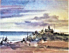 ORIGINAL FRAMED SEASCAPE – LIGHTHOUSE WATERCOLOR BY RITCHIE BENSON – CALIFORNIA