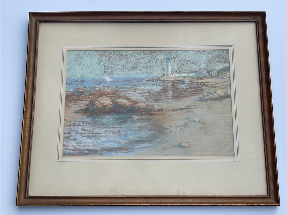 ANTIQUE DRAWING LIGHTHOUSE PASTEL MASTERFUL IMPRESSIONISM COASTAL NAUTICAL TONAL