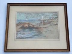 ANTIQUE DRAWING LIGHTHOUSE PASTEL MASTERFUL IMPRESSIONISM COASTAL NAUTICAL TONAL