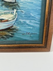 W. Chapman Original Framed Oil Painting Seascape Boats Harbor Mountains 18×15