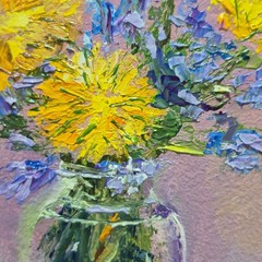 Original autographed oil painting in a frame. Dandelions. Impressionism. 4×4 inc