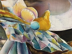 American 20th C, Vintage Batik Painting, Cubist Still Life Guitar Landscape